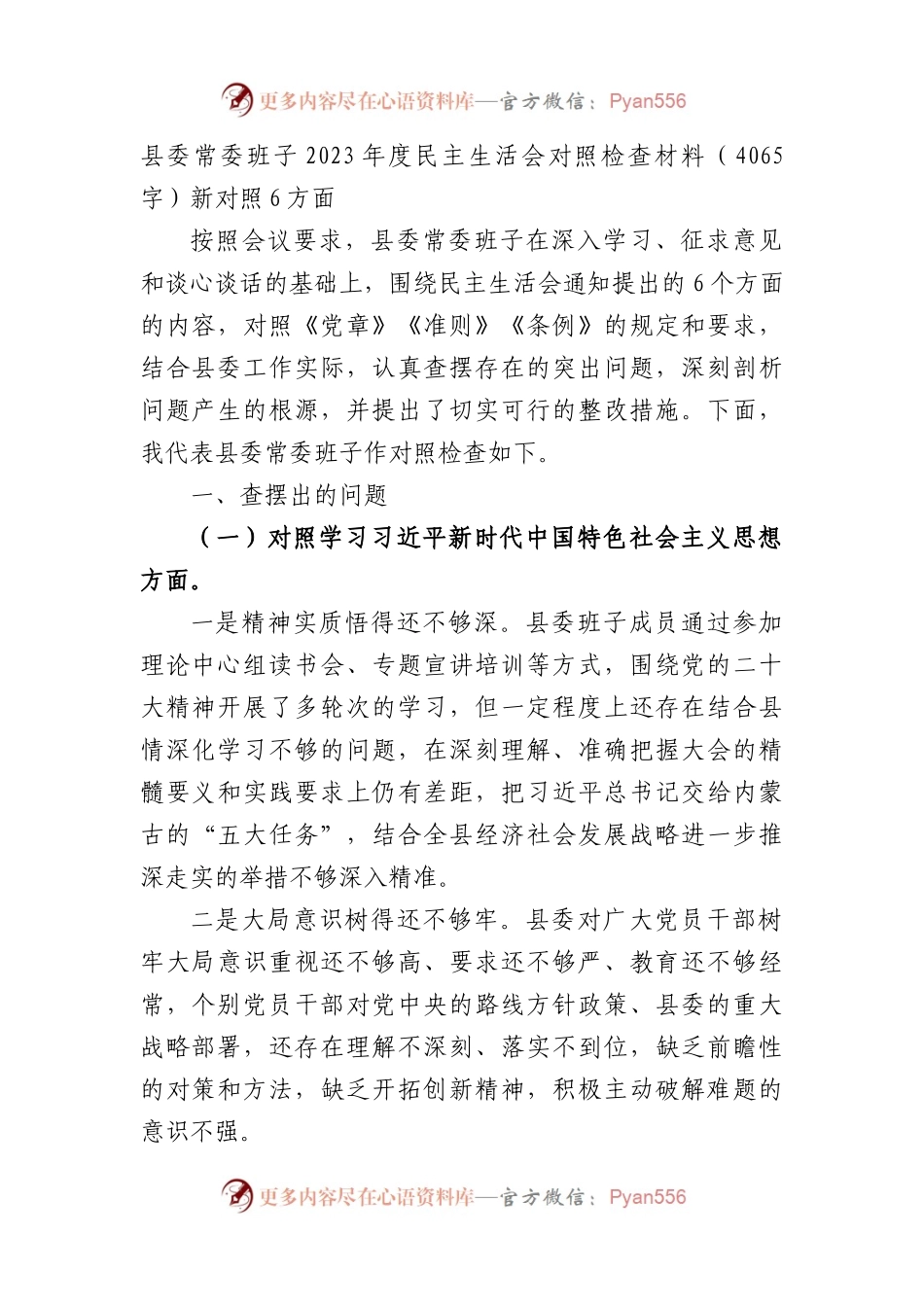 （县委班子）2023年度民主生活会对照检查材料（践行宗旨等6个方面）.docx_第1页