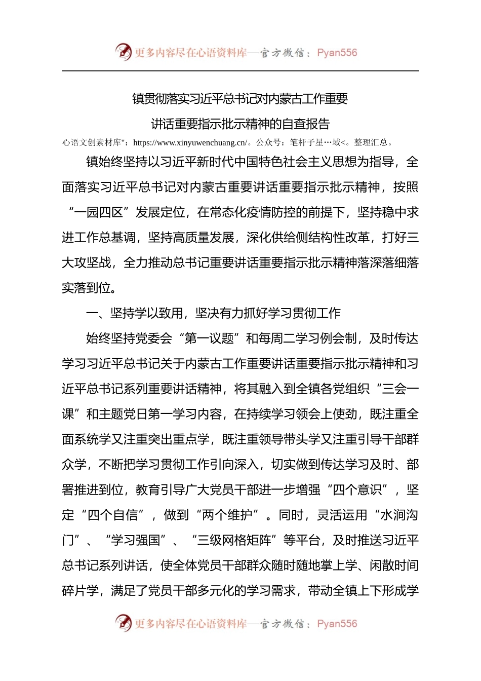 镇贯彻落实总书记对内蒙古工作重要讲话重要指示批示精神的自查报告.docx_第1页