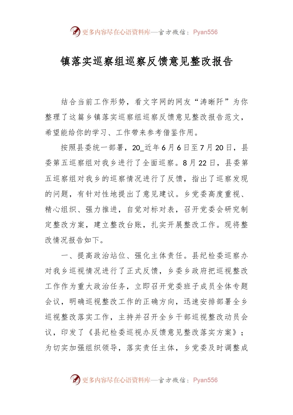 镇落实巡察组巡察反馈意见整改报告.docx_第1页