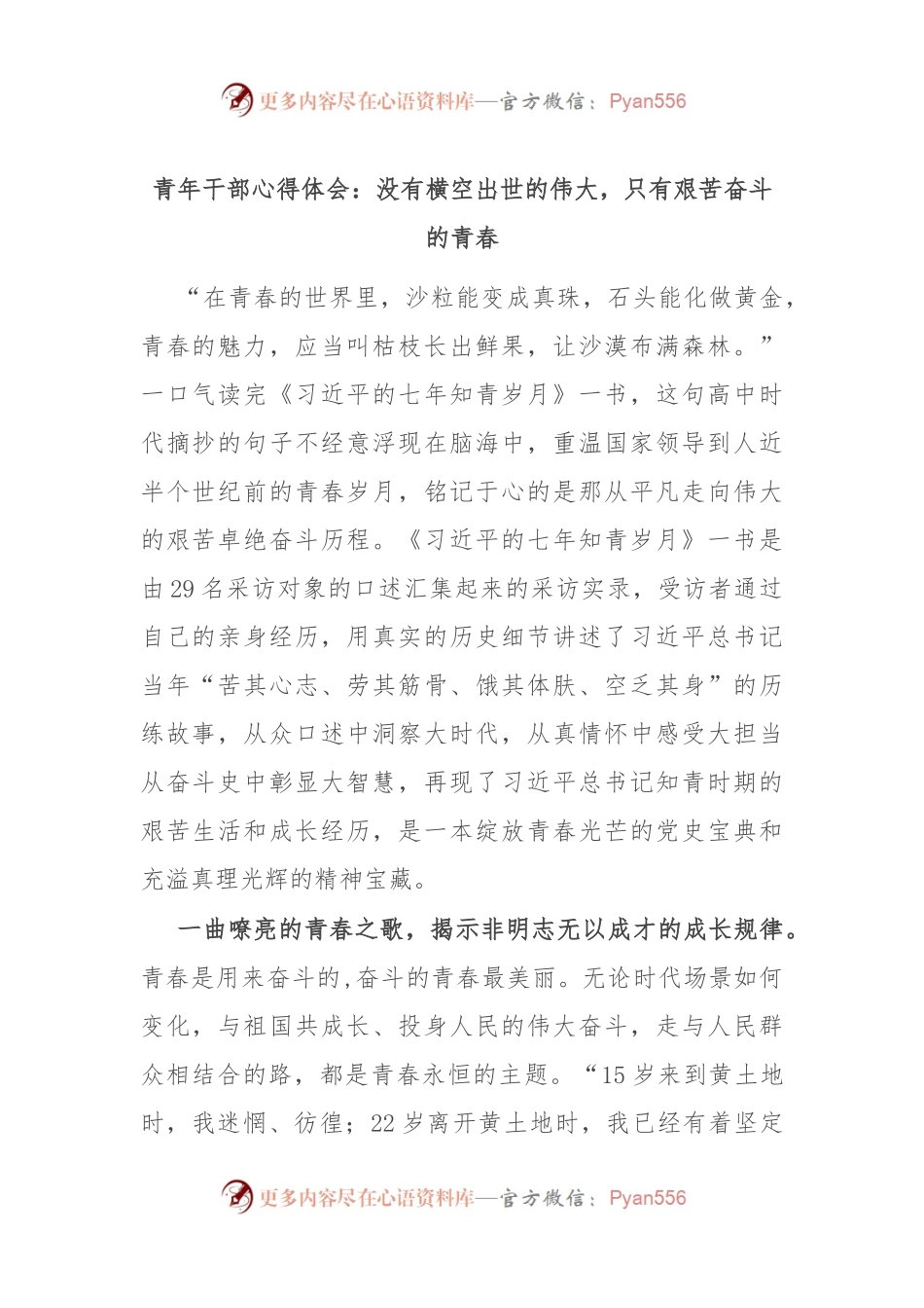 青年干部心得体会：没有横空出世的伟大，只有艰苦奋斗的青春.docx_第1页
