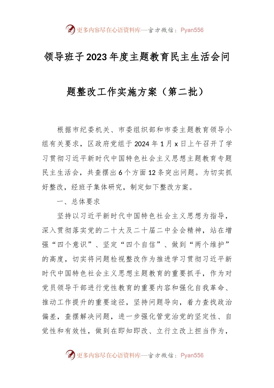领导班子2023年度主题教育民主生活会问题整改工作实施方案（第二批）.docx_第1页