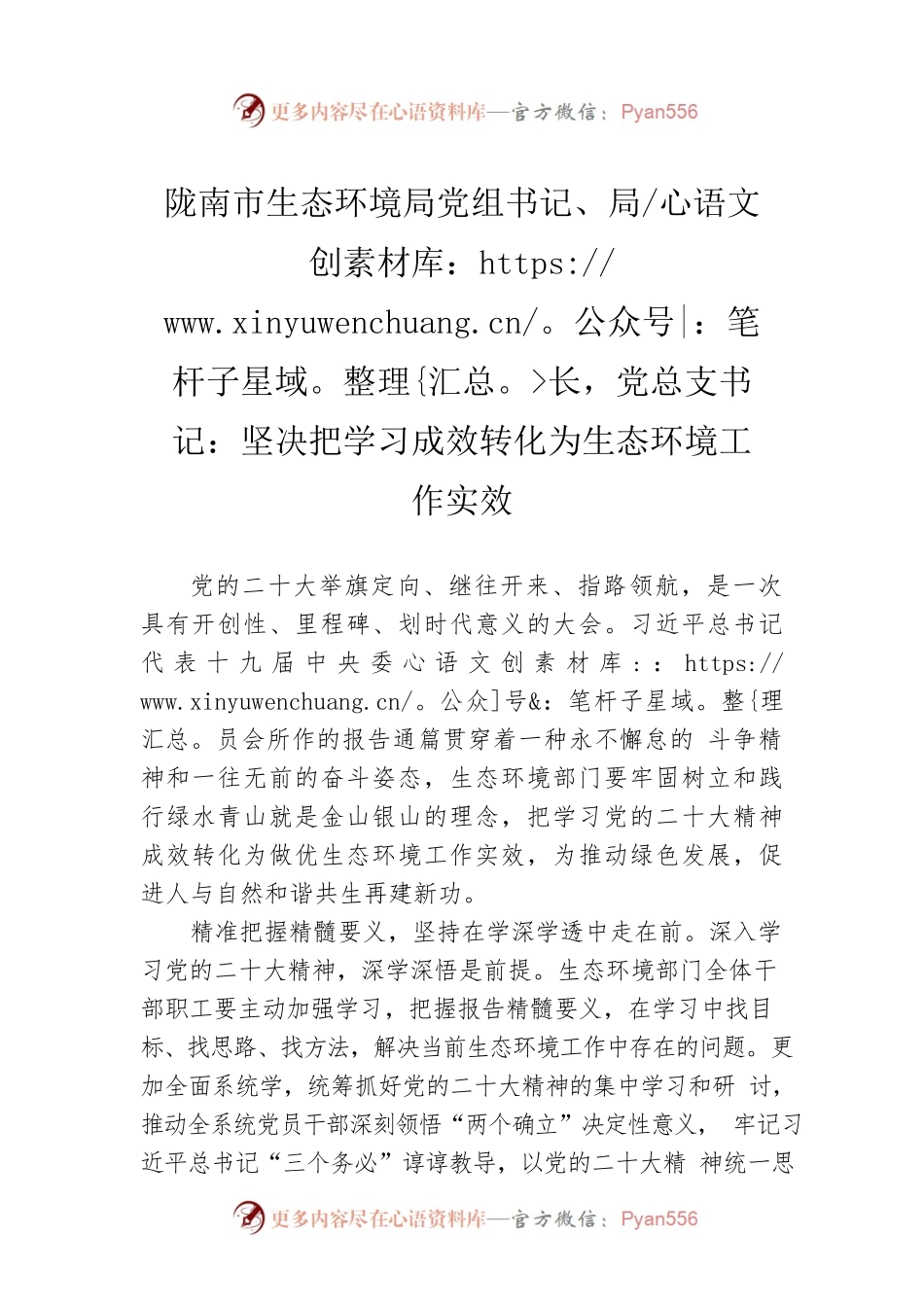 陇南市生态环境局党组书记、局长，党总支书记：坚决把学习成效转化为生态环境工作实效(20221122).docx_第1页