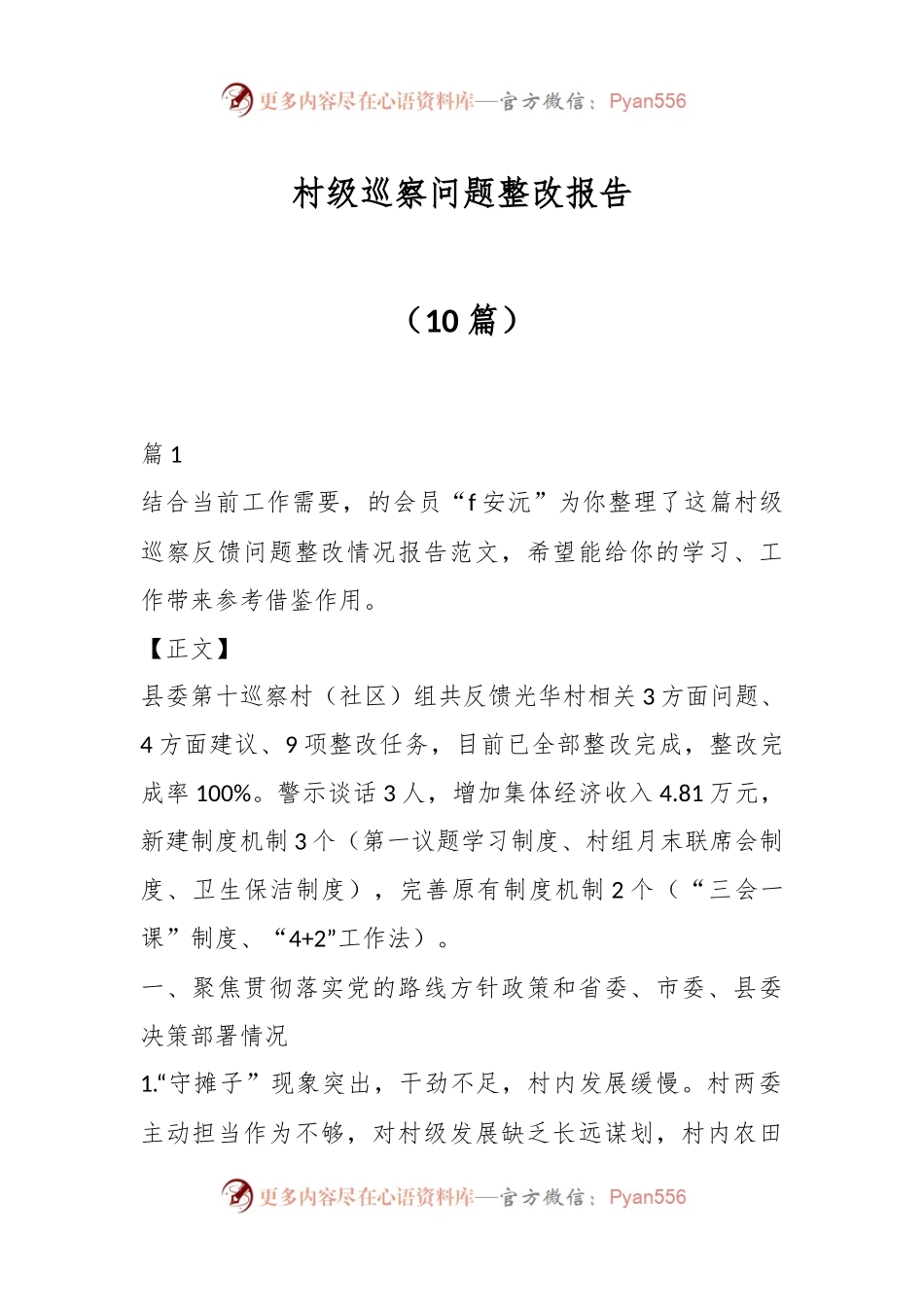 （10篇）村级巡察问题整改报告.docx_第1页