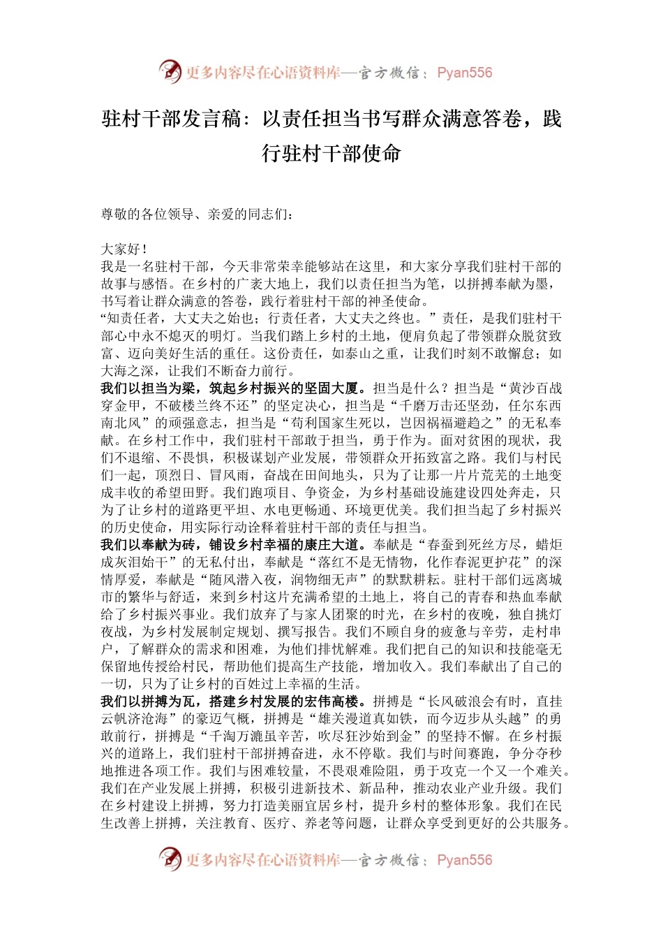 驻村干部发言稿：以责任担当书写群众满意答卷，践行驻村干部使命.docx_第1页