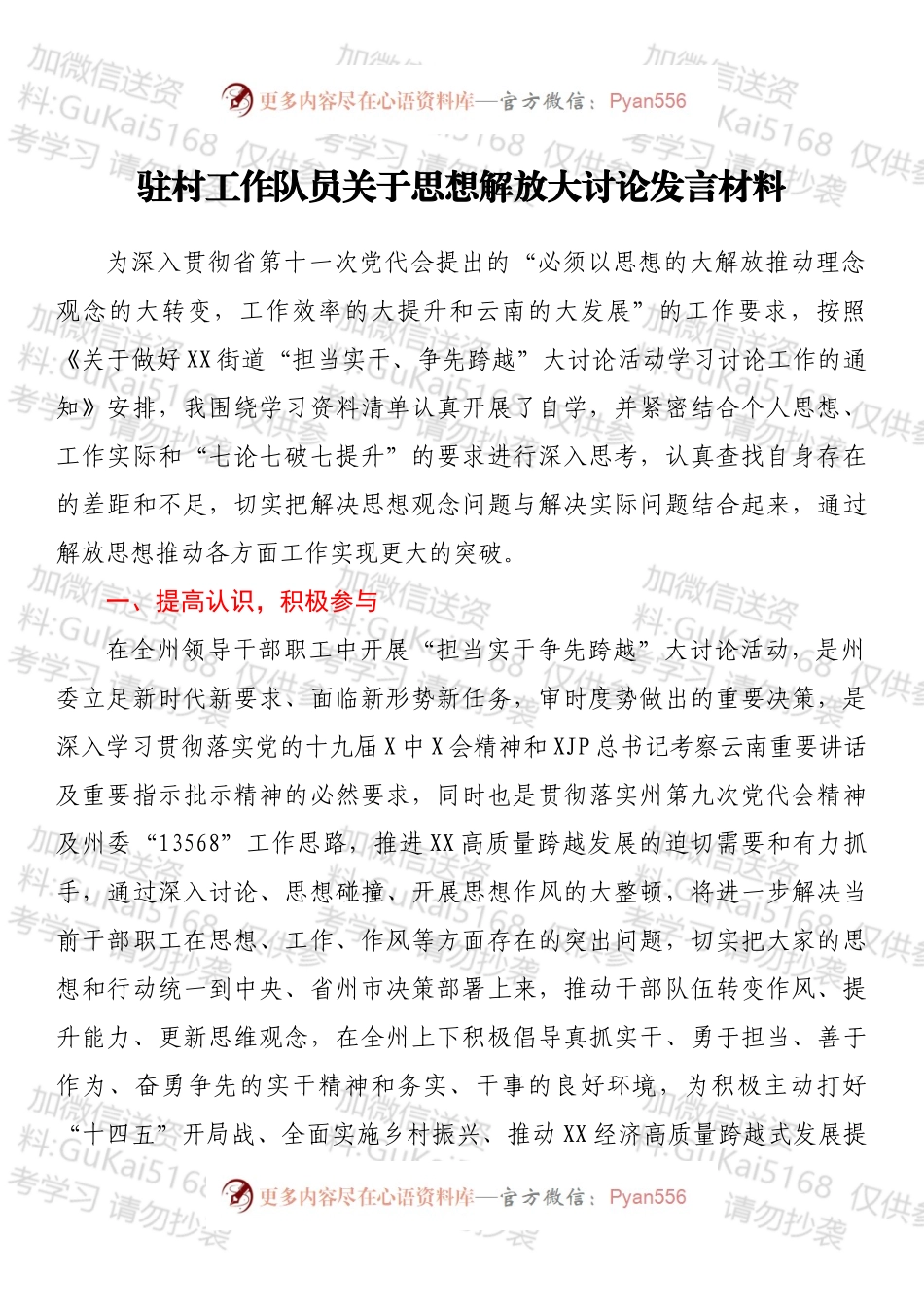 驻村工作队员关于思想解放大讨论发言材料.docx_第1页