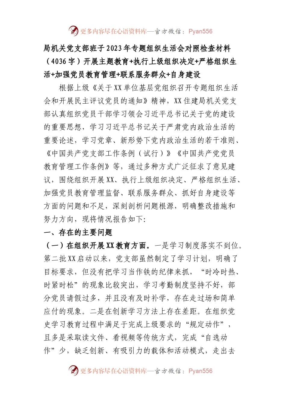 （机关党支部班子）2023年主题教育专题组织生活会对照检查材料（开展主题教育+执行上级组织决定+严格组织生活+加强党员教育管理+联系服务群众+自身建设.docx_第1页
