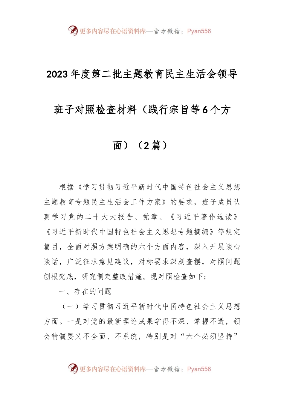 （2篇）2023年度第二批主题教育民主生活会领导班子对照检查材料（践行宗旨等6个方面）.docx_第1页