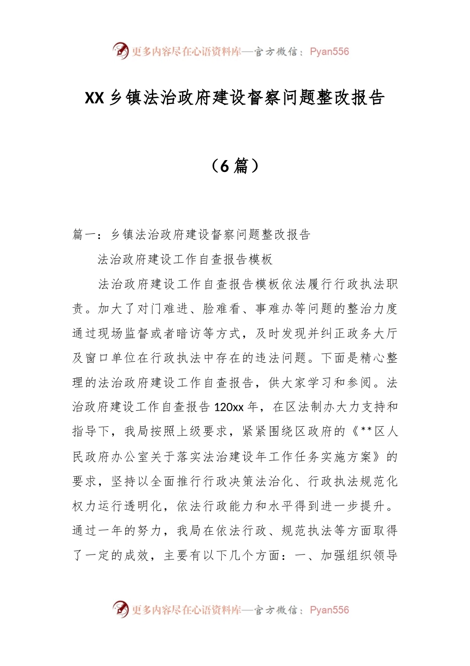 （6篇）XX乡镇法治政府建设督察问题整改报告.docx_第1页