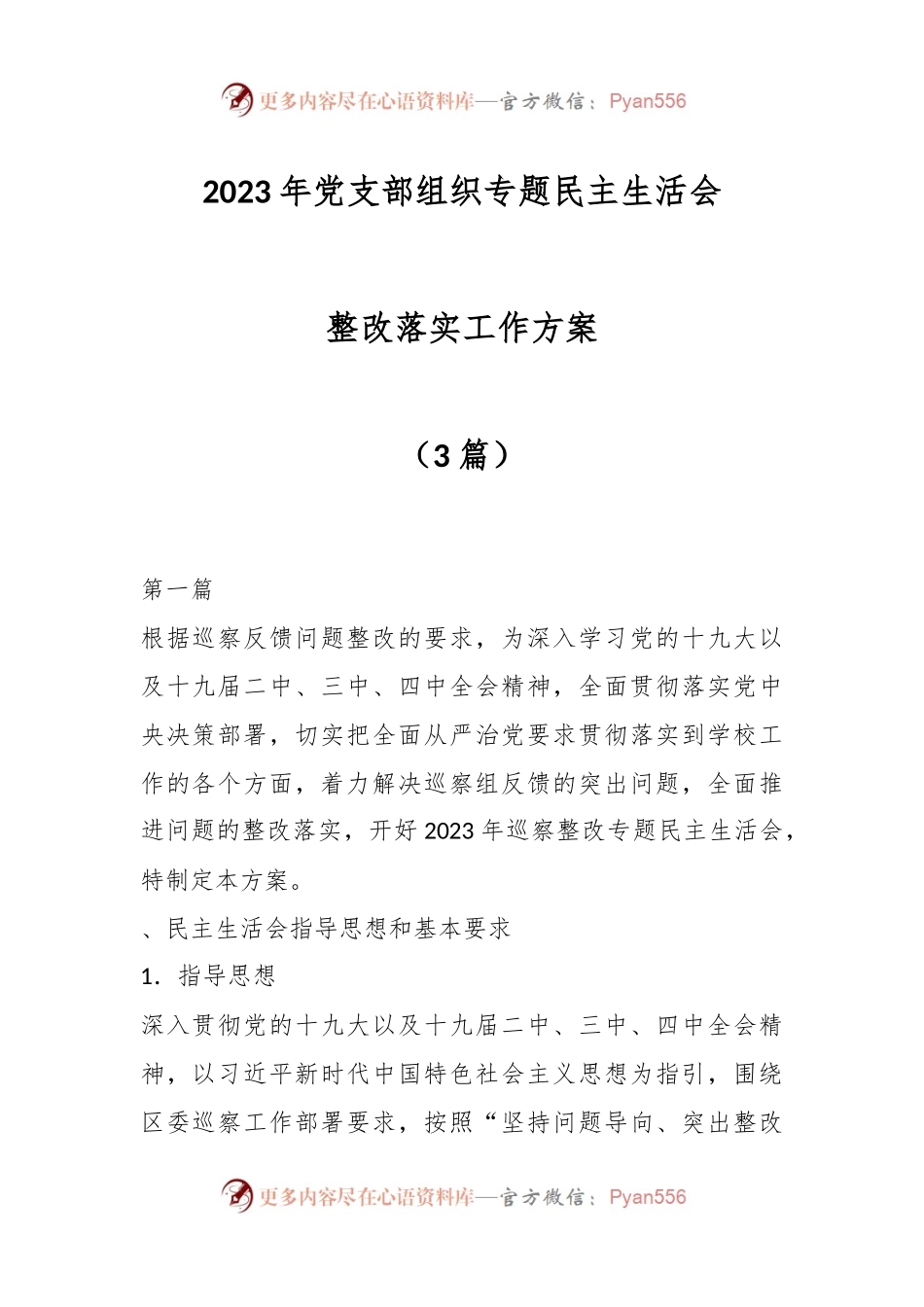 （3篇）2023年党支部组织专题民主生活会整改落实工作方案.docx_第1页