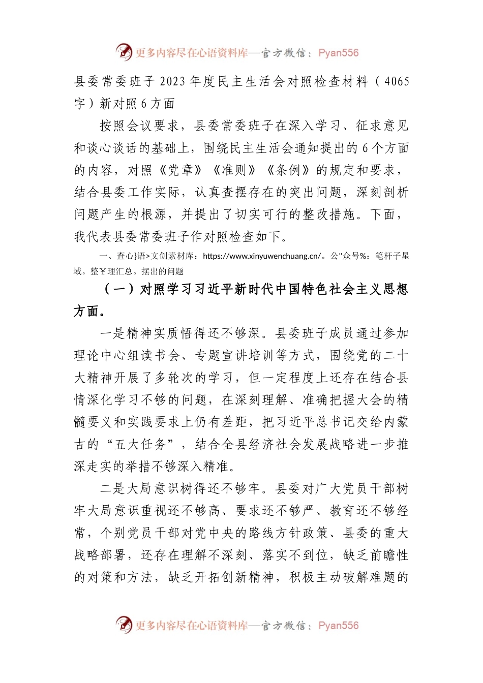 （县委班子）2023年度民主生活会对照检查材料（践行宗旨等6个方面）(1).docx_第1页