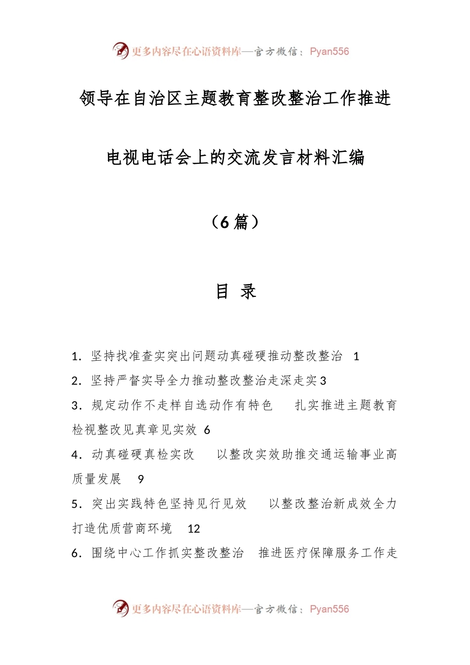 （6篇）领导在自治区主题教育整改整治工作推进电视电话会上的交流发言材料汇编.docx_第1页