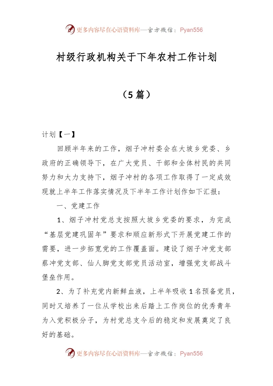 （5篇）村级行政机构关于下年农村工作计划.docx_第1页