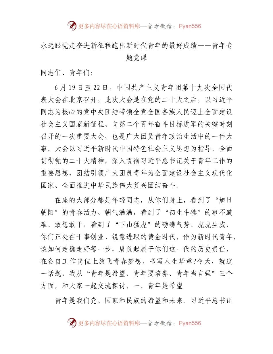 青年专题党课：永远跟党走 奋进新征程跑出新时代青年的最好成绩8300字.docx_第1页