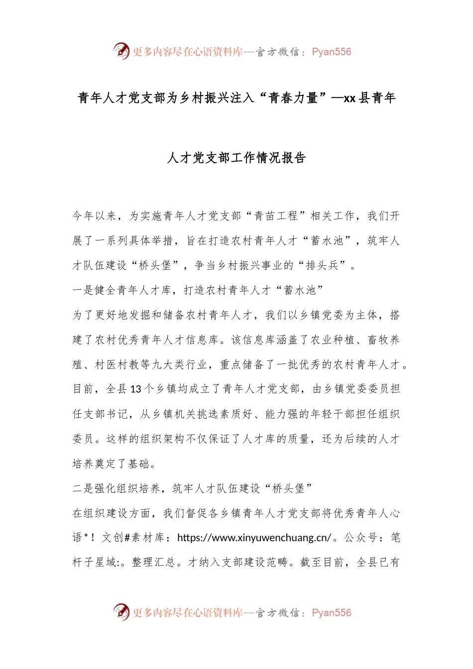青年人才党支部为乡村振兴注入“青春力量”—xx县青年人才党支部工作情况报告.docx_第1页