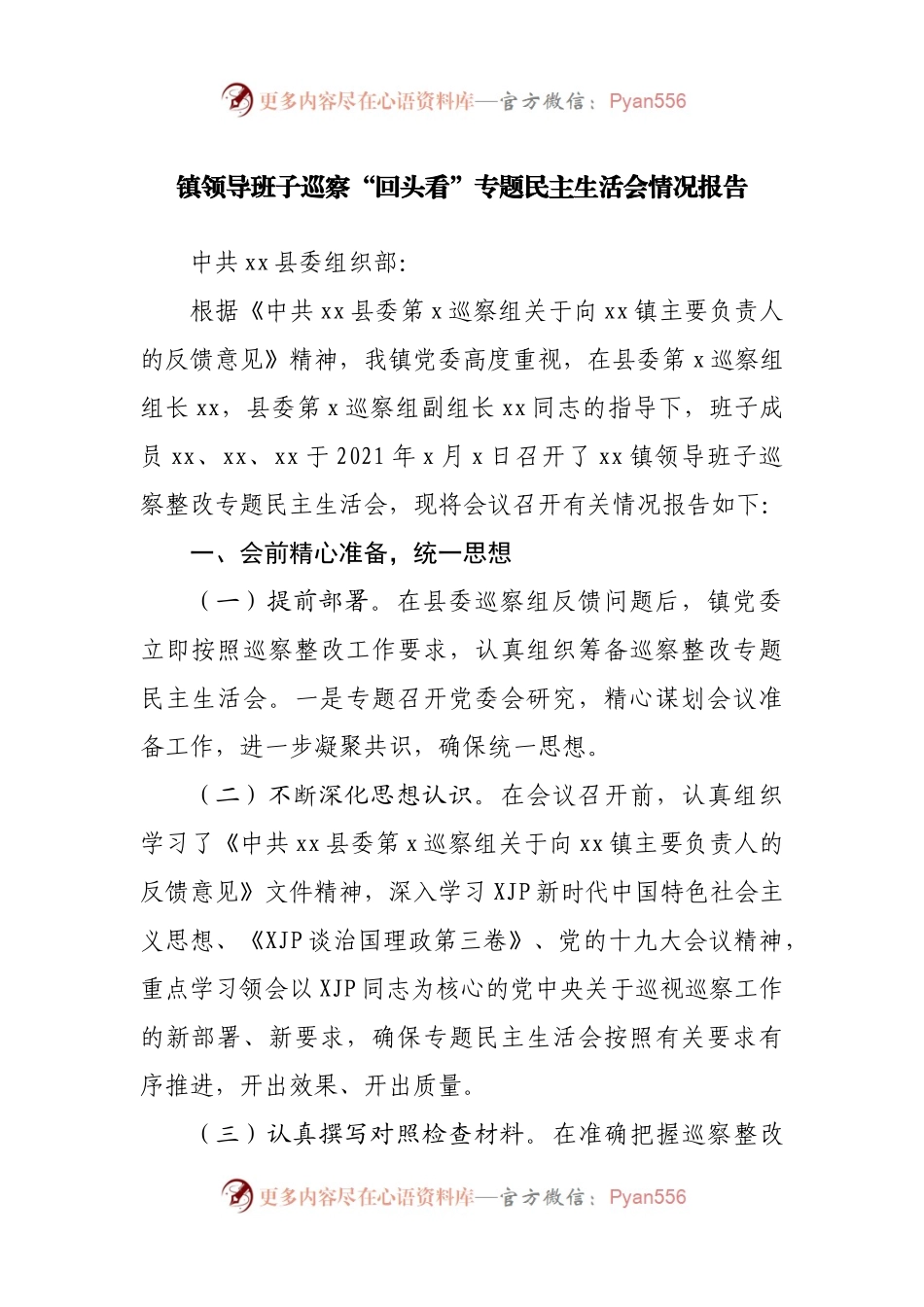 镇领导班子巡察“回头看”专题民主生活会情况报告.docx_第1页