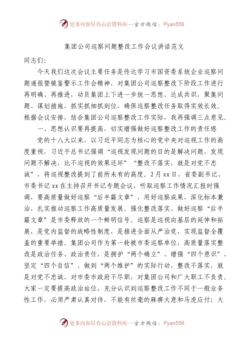 集团公司巡察问题整改工作会议讲话.docx_第1页