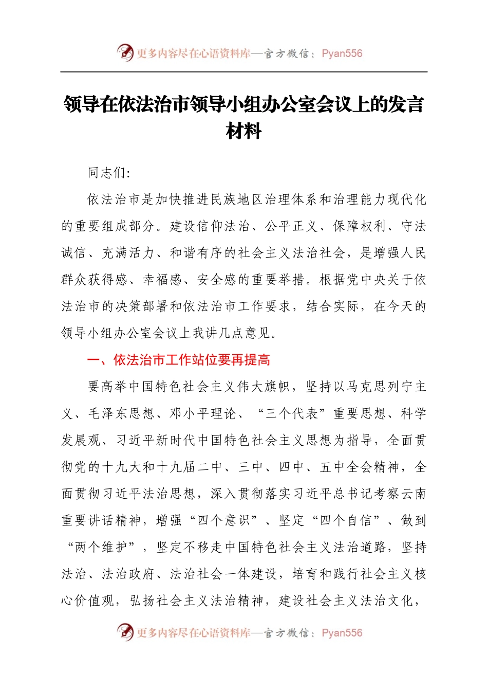 领导在依法治市领导小组办公室会议上的发言材料.docx_第1页