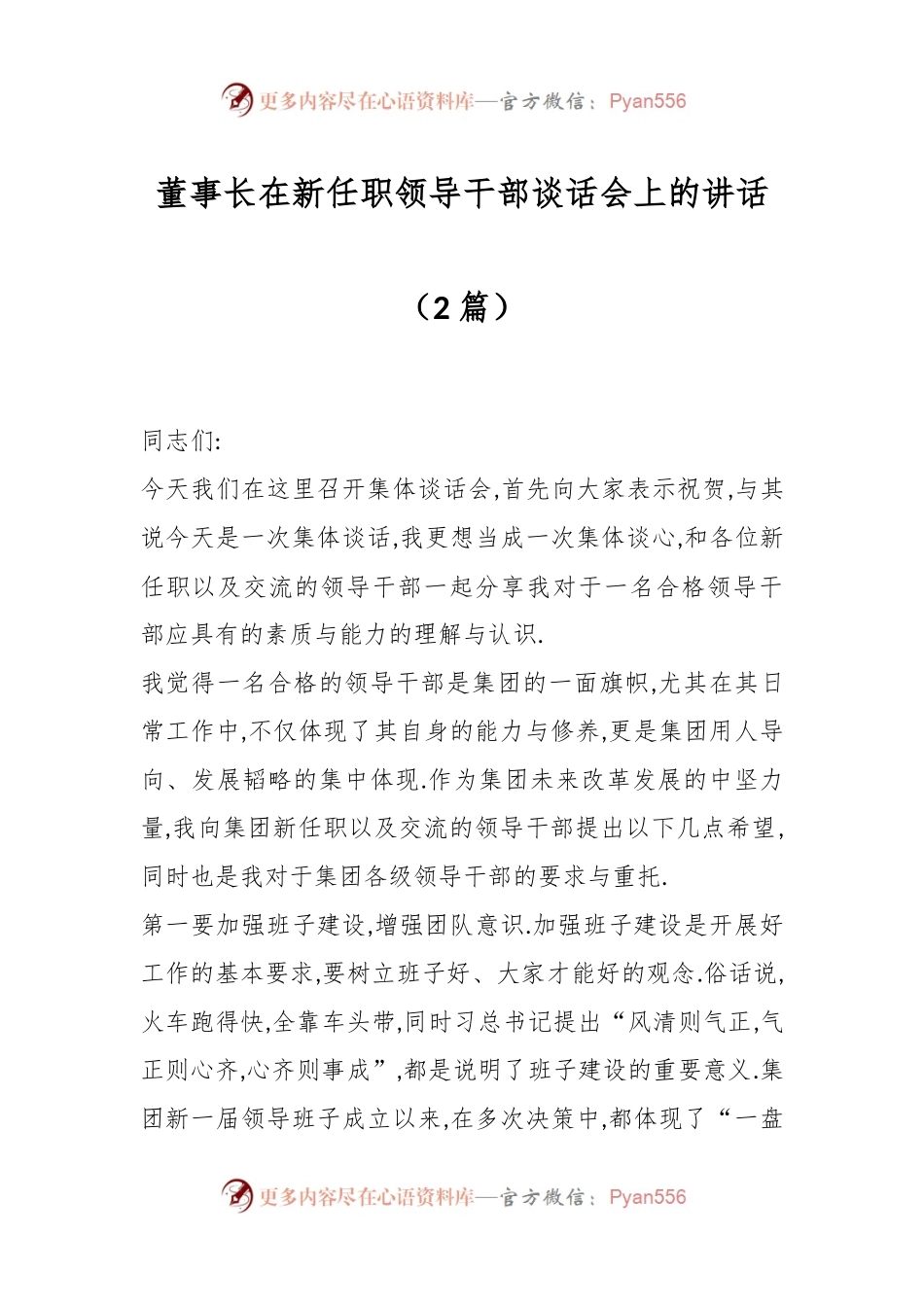（2篇）董事长在新任职领导干部谈话会上的讲话.docx_第1页