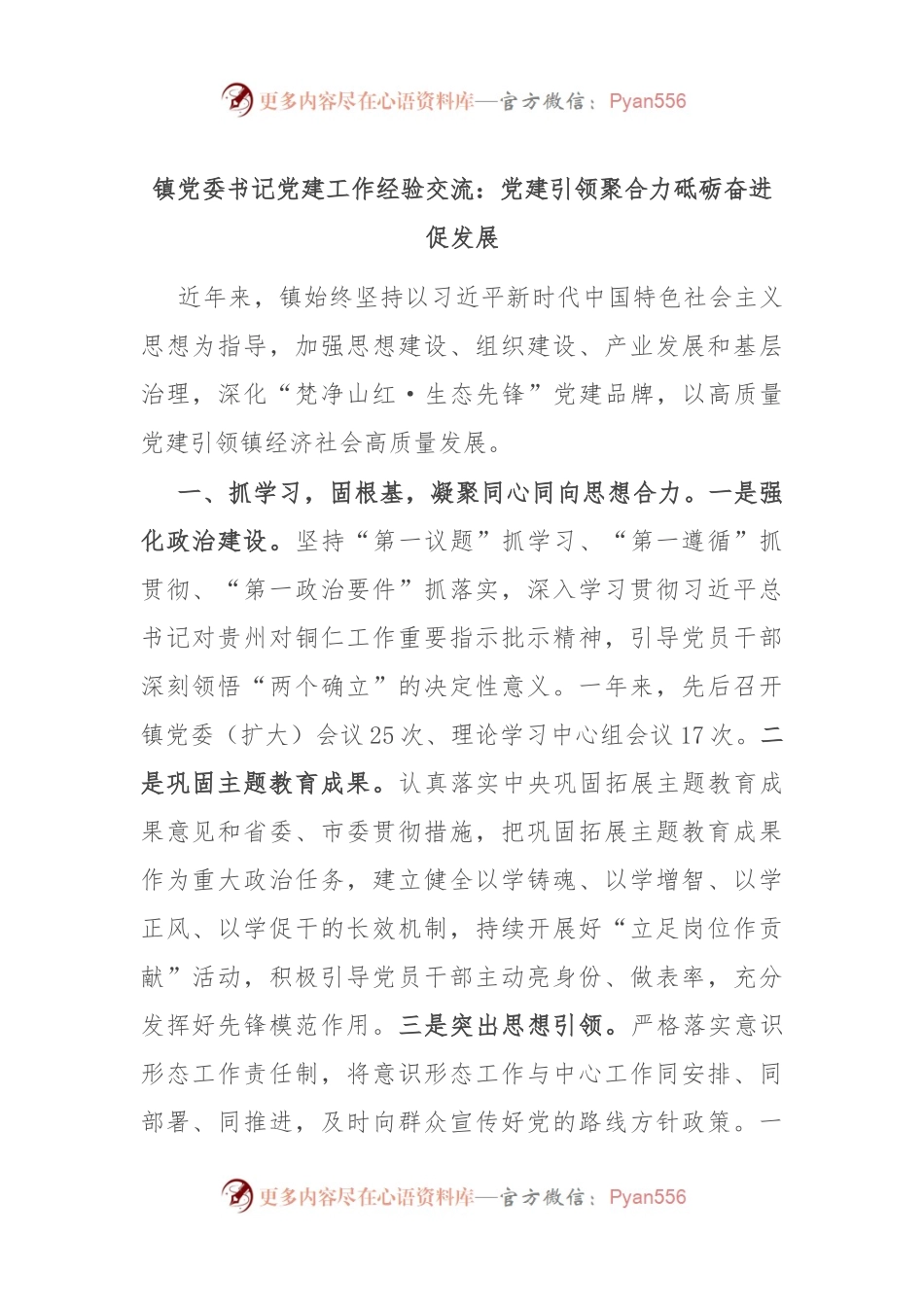 镇党委书记党建工作经验交流：党建引领聚合力 砥砺奋进促发展.docx_第1页
