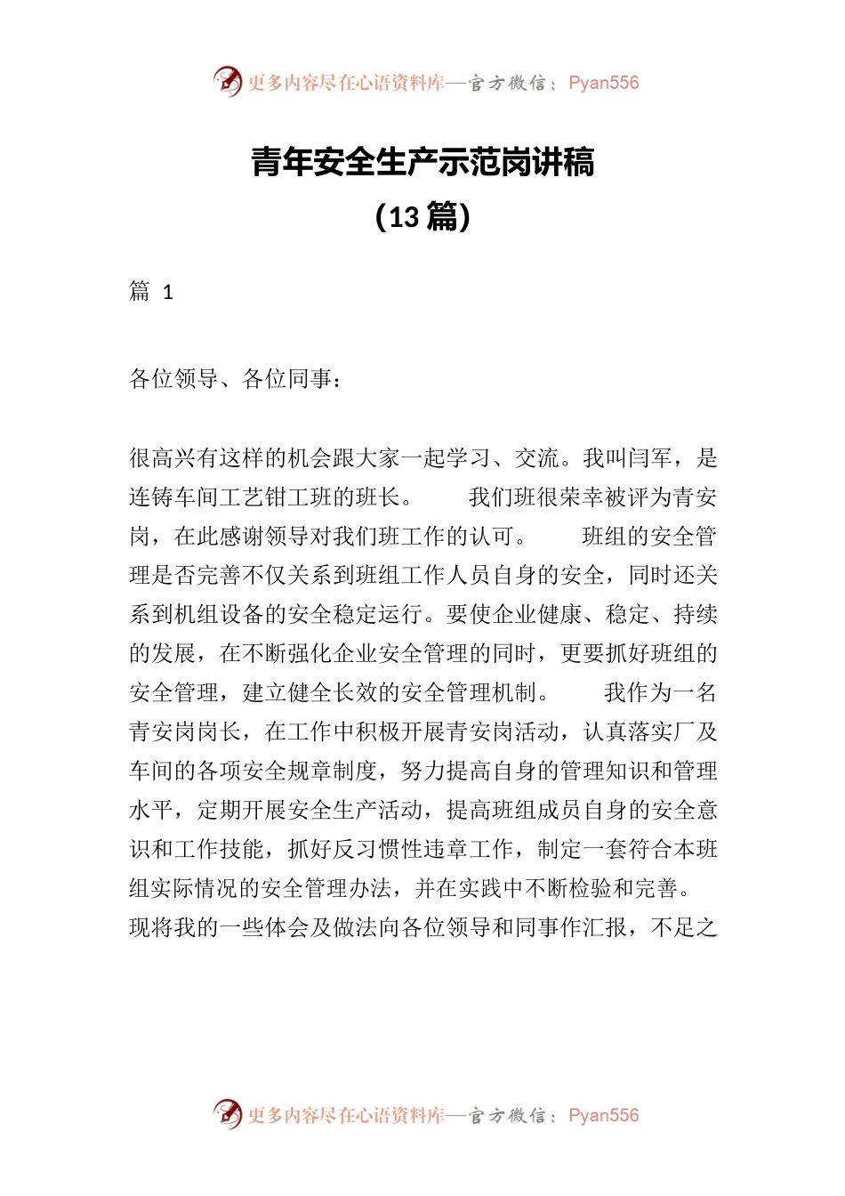 （13篇）青年安全生产示范岗讲稿.docx_第1页