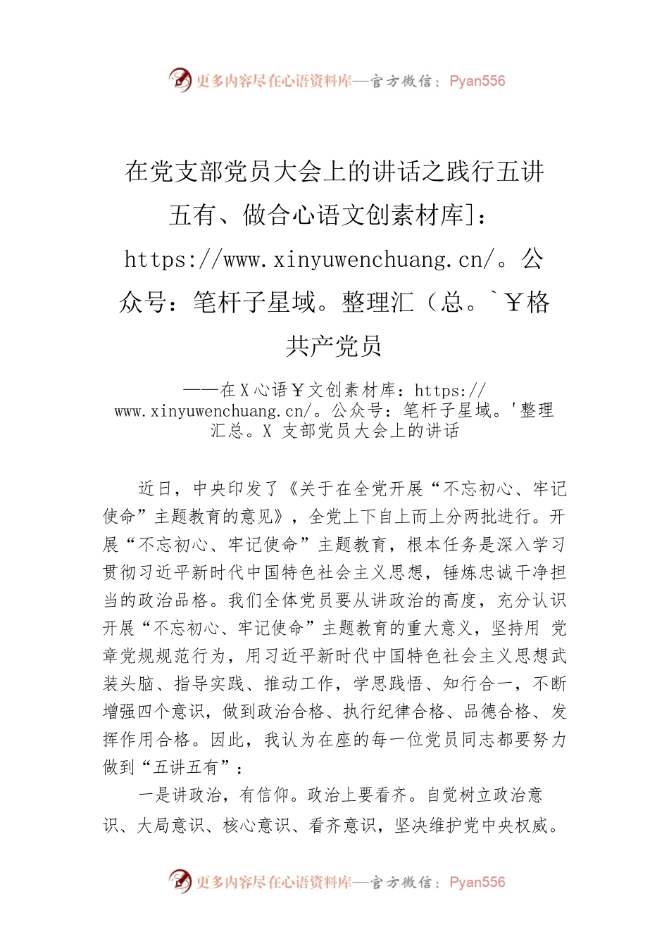 领导讲话：在党支部党员大会上的讲话之践行五讲五有、做合格共产党员.docx_第1页