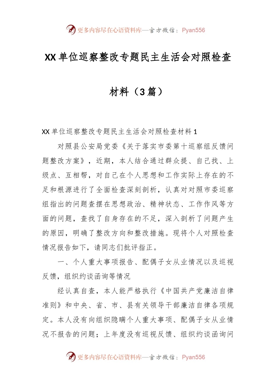（3篇）XX单位巡察整改专题民主生活会对照检查材料.docx_第1页