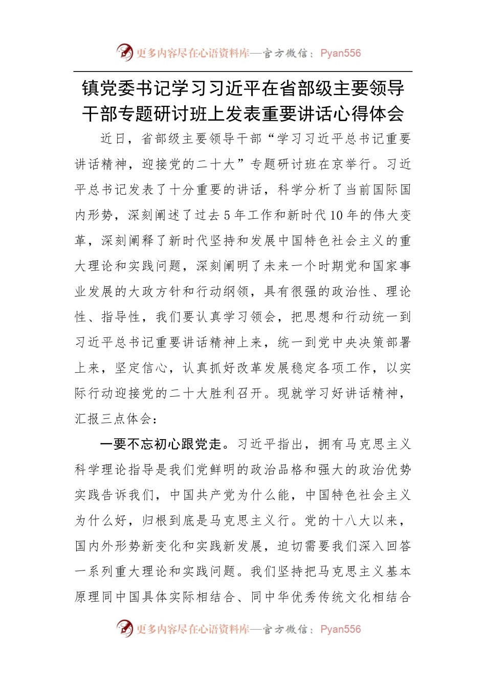 镇在省部级主要领导干部专题研讨班上发表重要讲话心得体会.docx_第1页