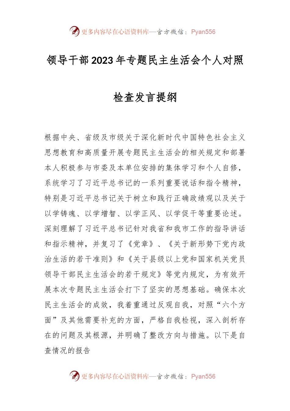 领导干部2023年专题民主生活会个人对照检查发言稿提纲.docx_第1页