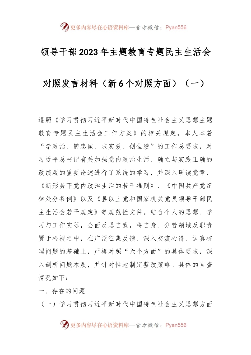 领导干部2023年主题教育专题民主生活会对照发言稿材料（新6个对照方面）（一）.docx_第1页