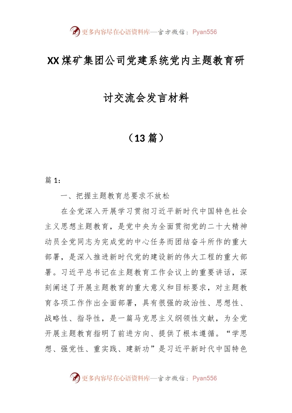 （12篇）XX煤矿集团公司党建系统党内主题教育研讨交流会发言材料.docx_第1页