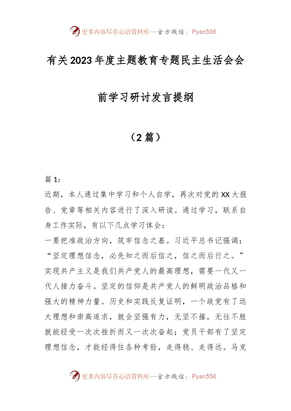 （2篇）有关2023年度主题教育专题民主生活会会前学习研讨发言提纲.docx_第1页