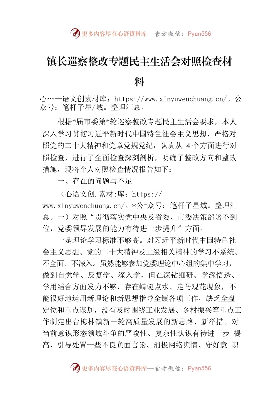 镇长巡察整改专题民主生活会对照检查材料.docx_第1页