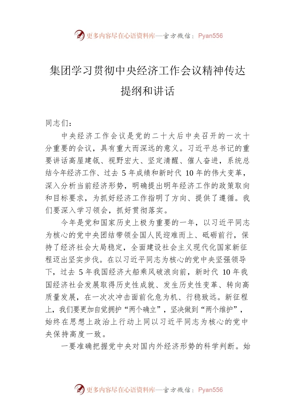 集团学习贯彻中央经济工作会议精神传达提纲和讲话.docx_第1页