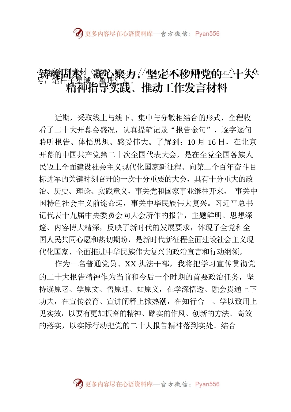 铸魂固本、凝心聚力，坚定不移用党的二十大精神指导实践、推动工作发言材料.docx_第1页
