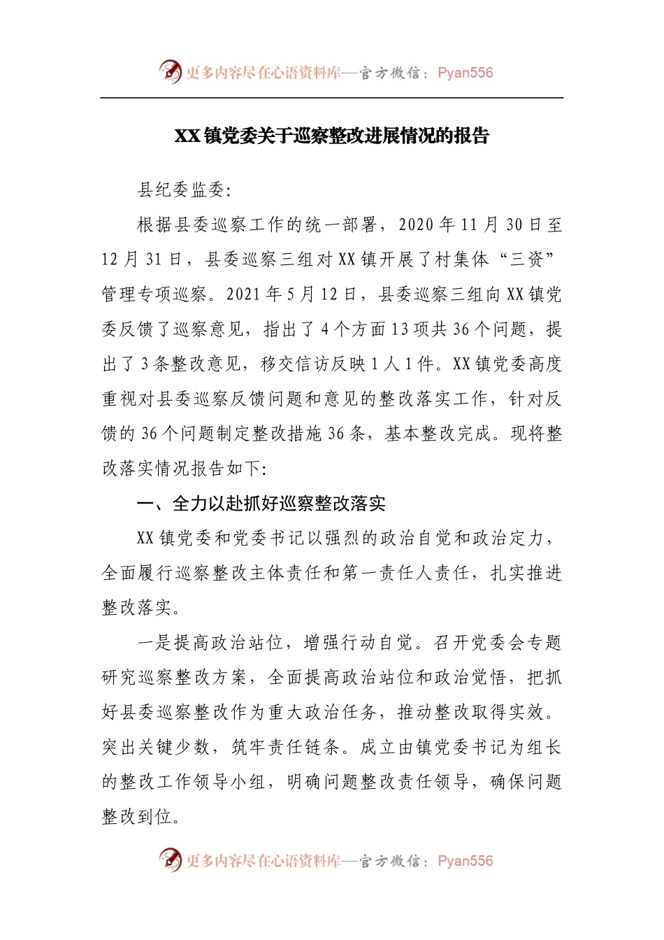 镇党委关于巡察整改进展情况的报告.docx_第1页