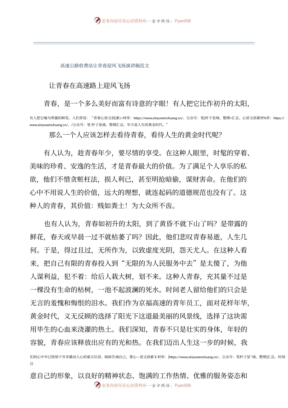 高速公路收费站让青春迎风飞扬演讲稿范文.docx_第1页