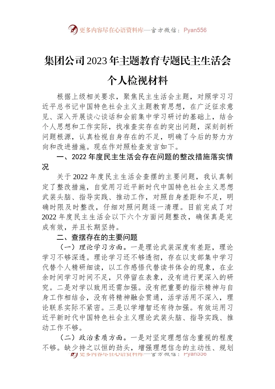 集团公司2023年主题教育专题民主生活会个人检视材料.docx_第1页