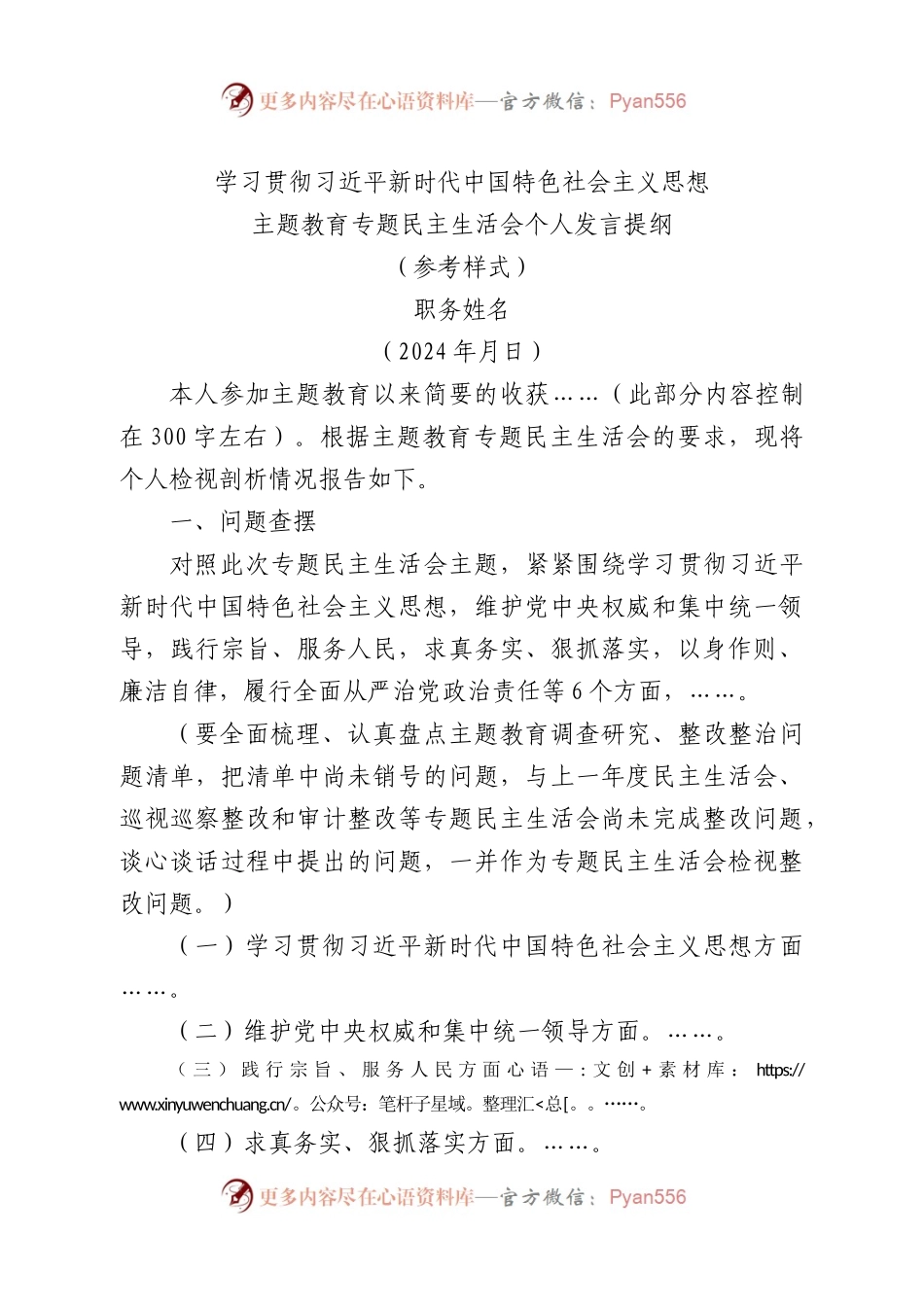 （最新空白模版）2023最新主题教育专题民主生活会个人发言提纲.docx_第1页