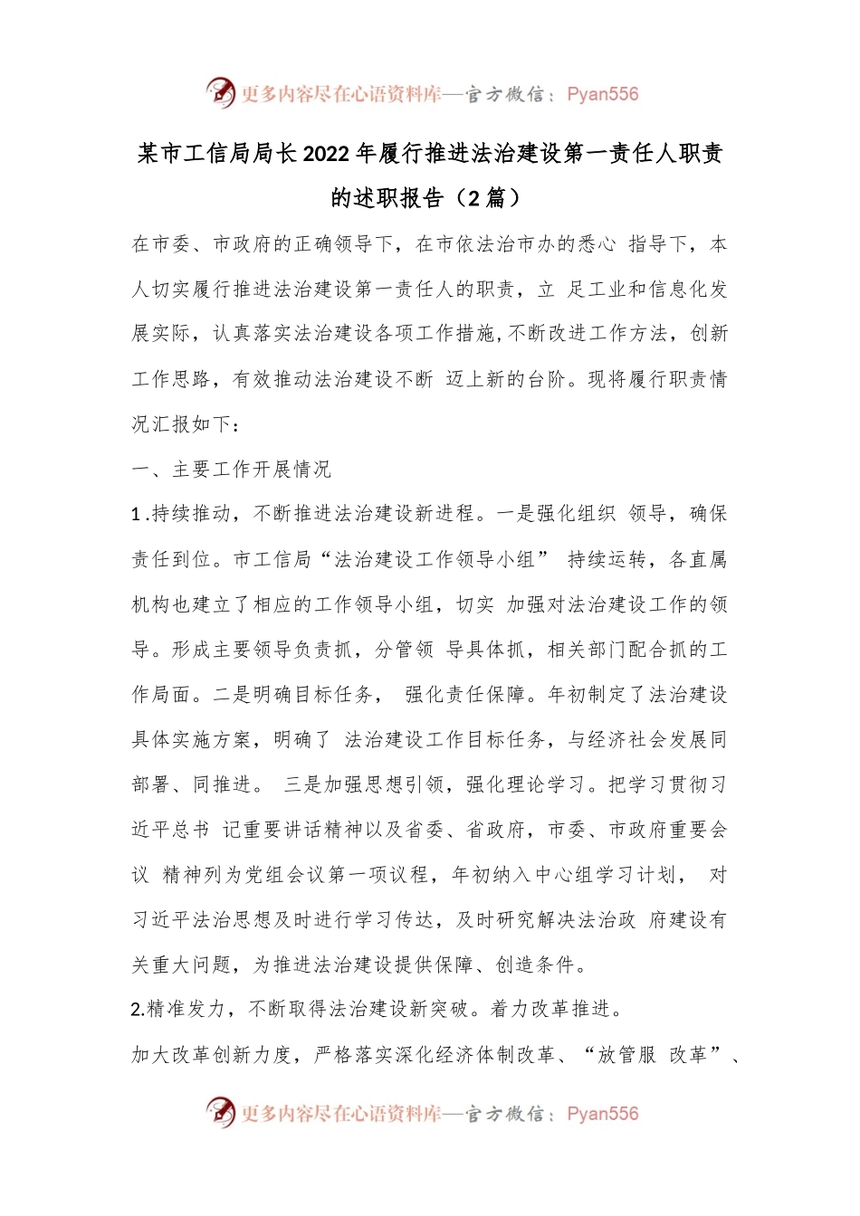 （2篇）某市工信局局长2022年履行推进法治建设第一责任人职责的述职报告.docx_第1页
