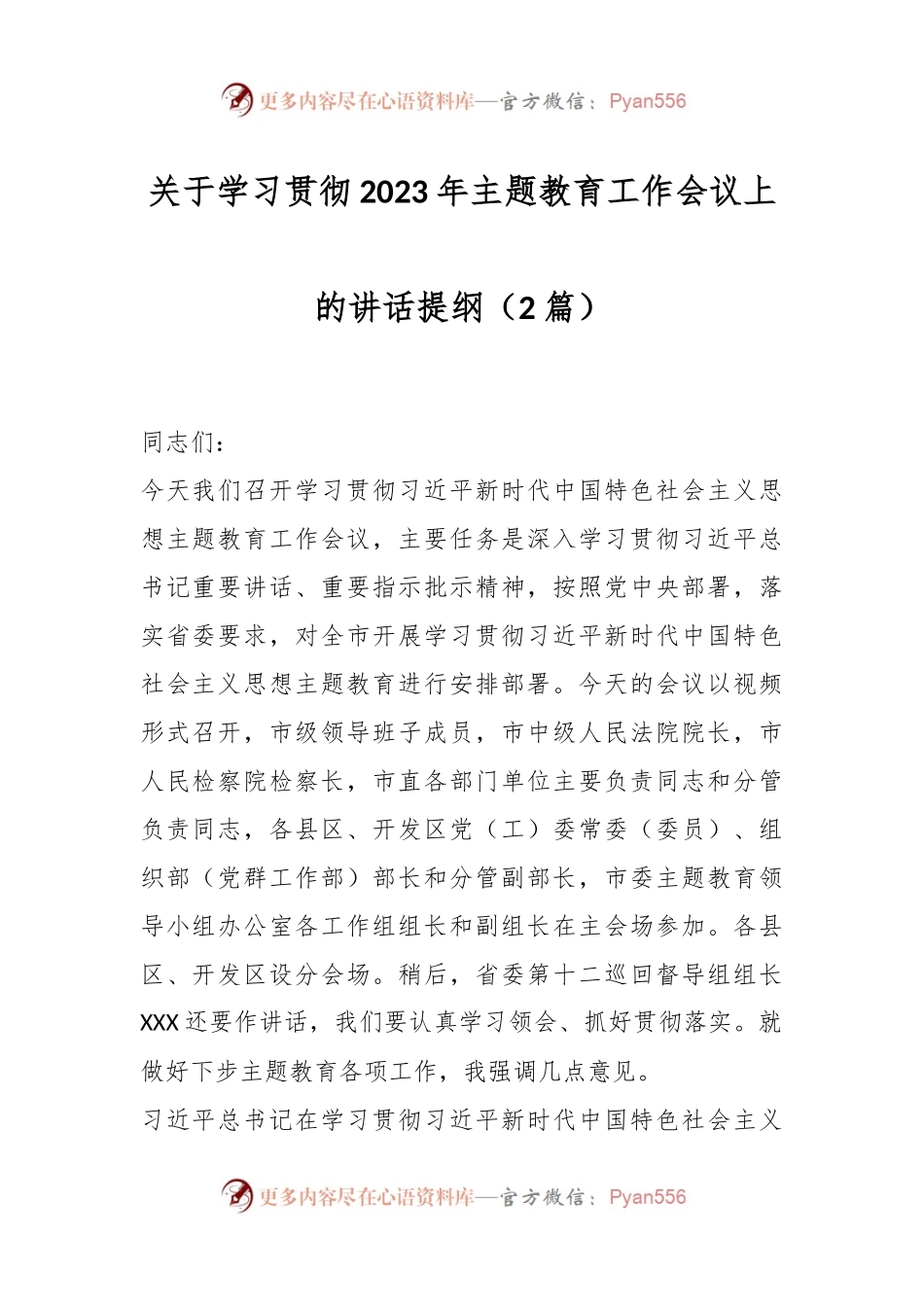 （2篇）关于学习贯彻2023年主题教育工作会议上的讲话提纲.docx_第1页