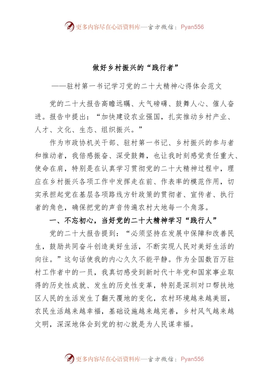 驻村第一书记学习党的二X大精神心得体会盛会研讨发言材料230706.docx_第1页