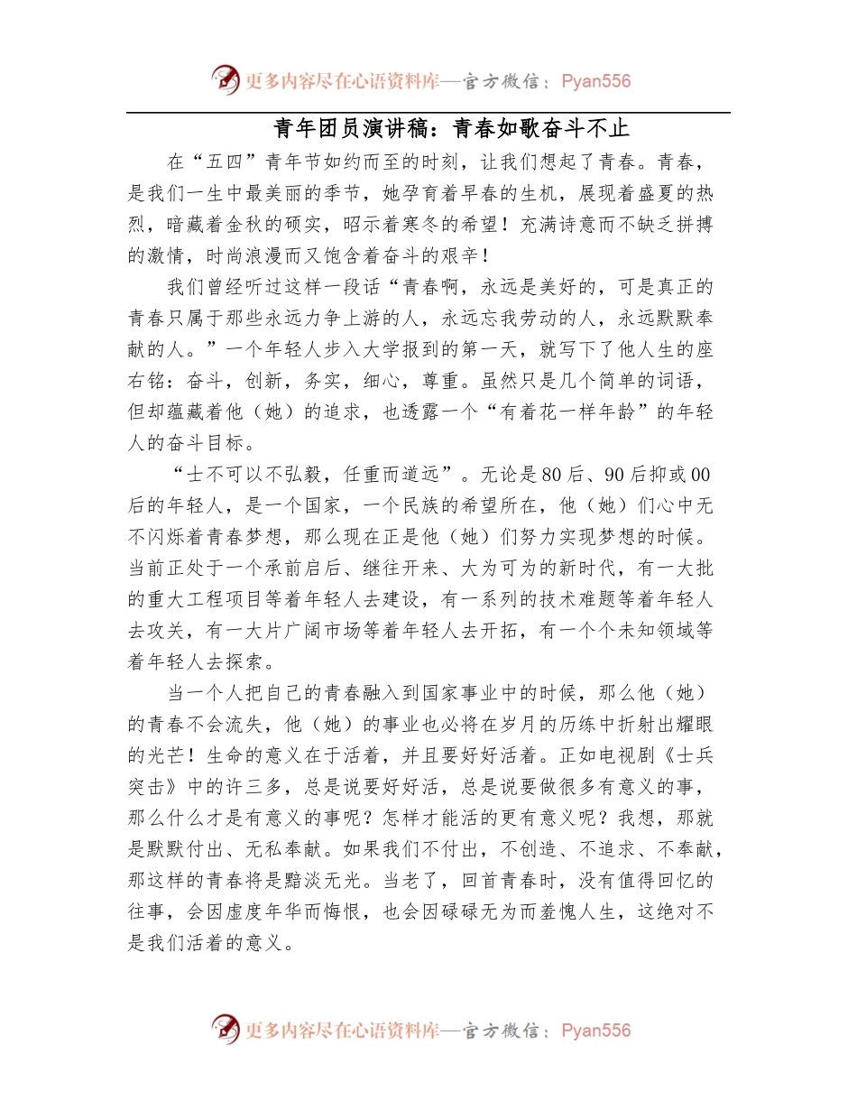 青年团员演讲稿：青春如歌奋斗不止.docx_第1页