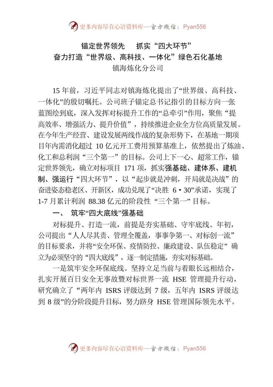 锚定世界领先   抓实“四大环节”奋力打造“世界级、高科技、一体化绿色石化基地——镇海炼化分公司.docx_第1页
