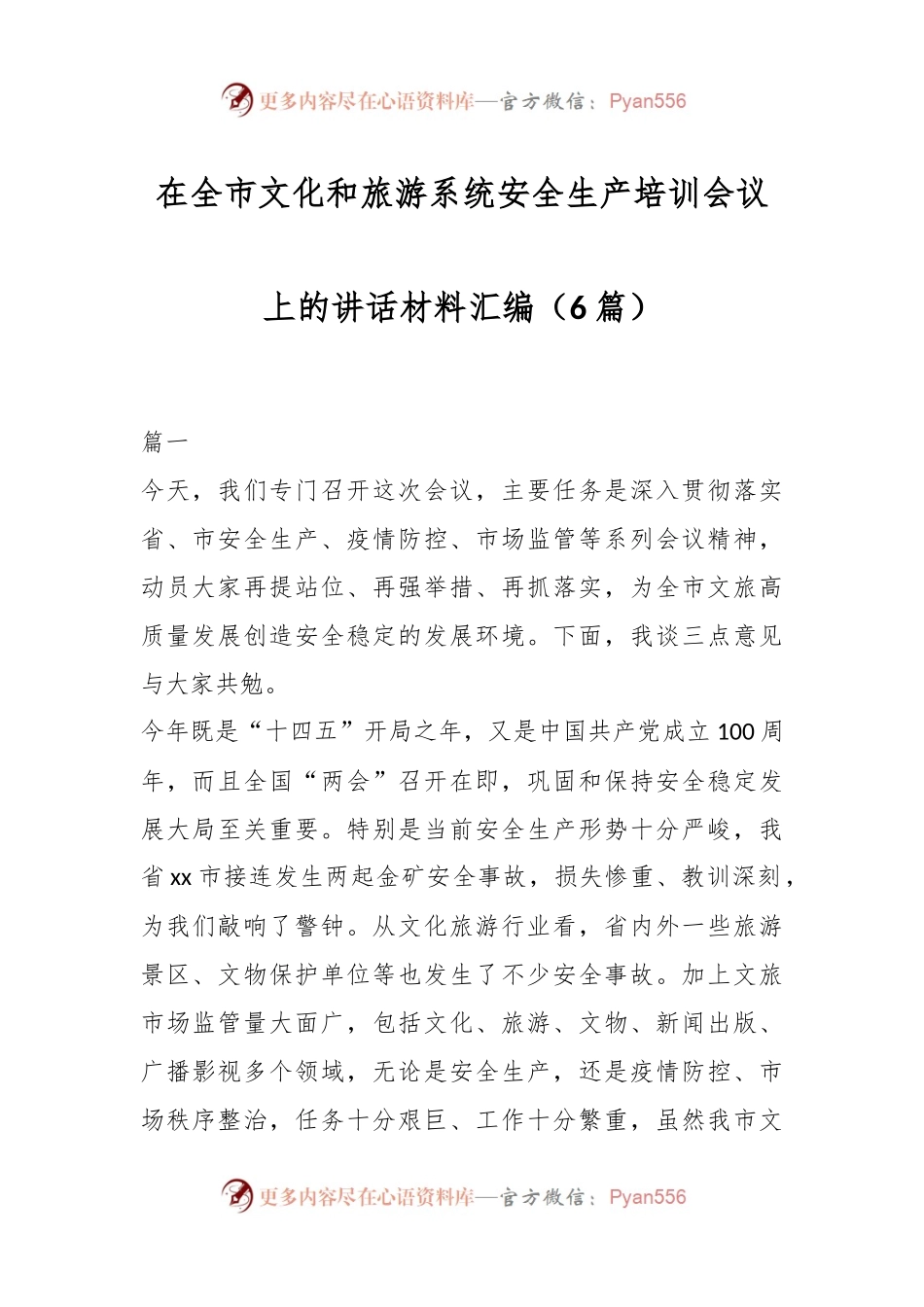 （6篇）在全市文化和旅游系统安全生产培训会议上的讲话稿材料汇编.docx_第1页