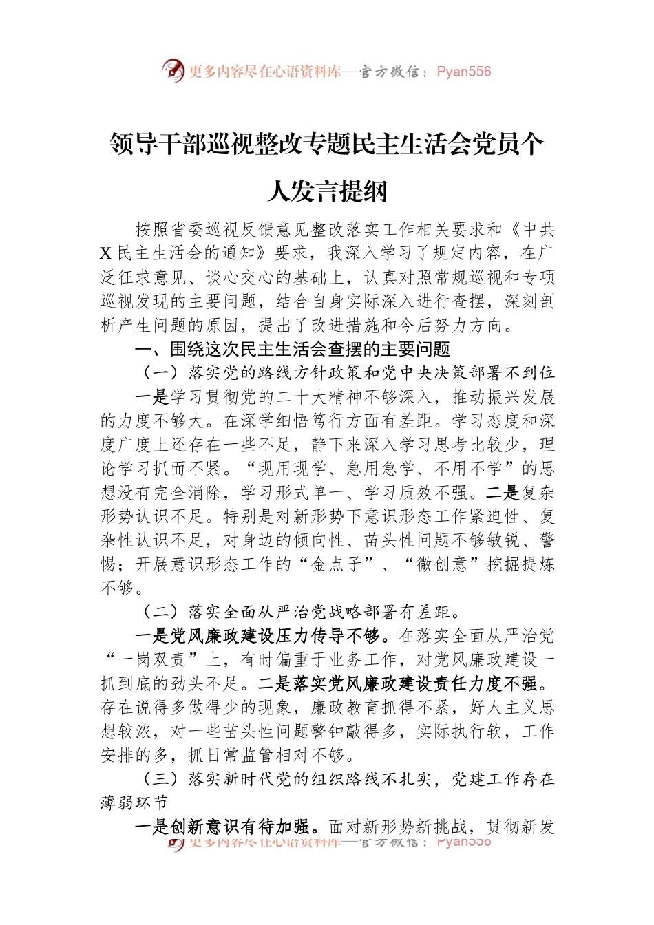 领导干部巡视整改专题民主生活会党员个人发言提纲.docx_第1页