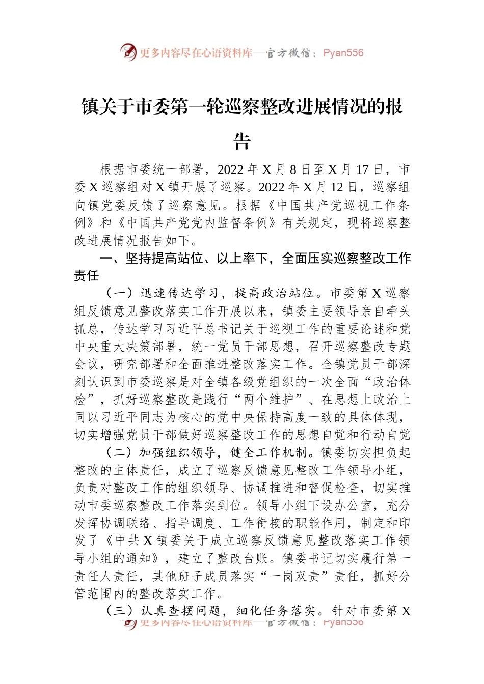 镇关于市委第一轮巡察整改进展情况的报告.docx_第1页