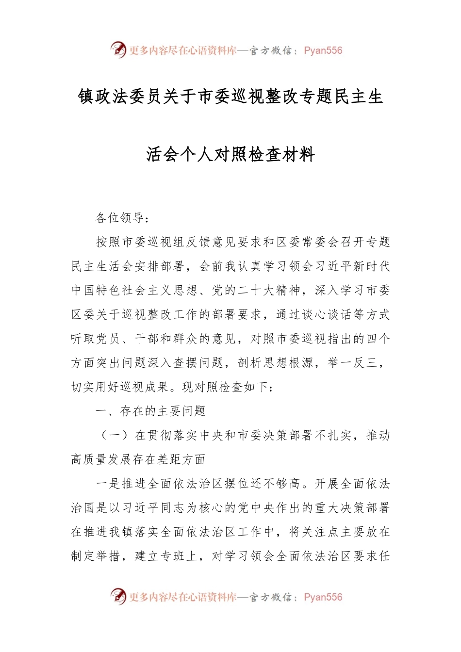 镇政法委员关于市委巡视整改专题民主生活会个人对照检查材料.docx_第1页