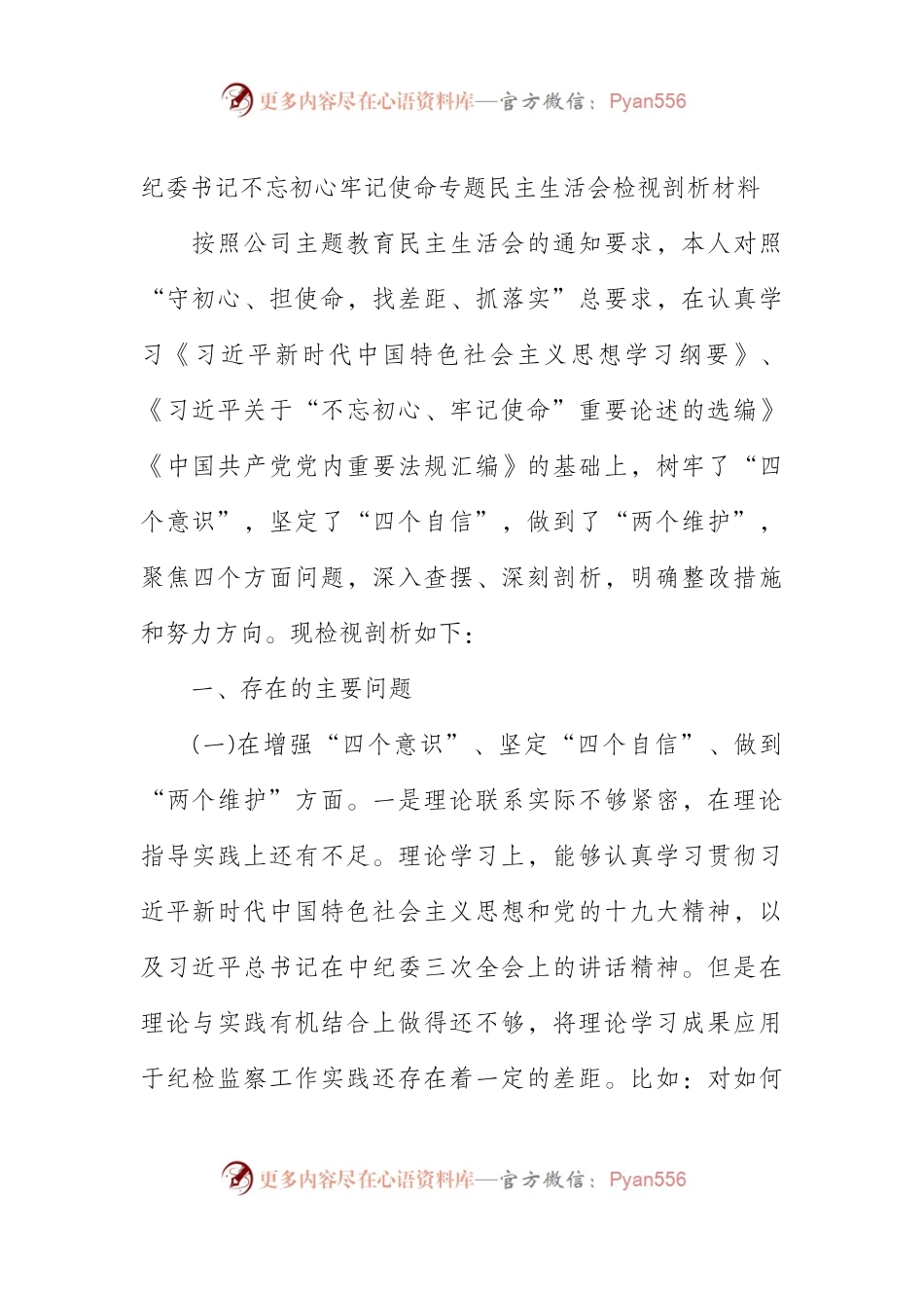 （0902）纪委书记不忘初心牢记使命专题民主生活会检视剖析材料(1).docx_第1页