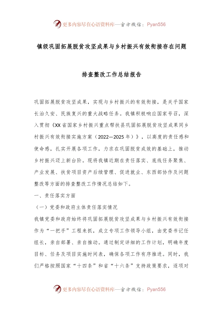 镇级巩固拓展脱贫攻坚成果与乡村振兴有效衔接存在问题排查整改工作总结报告.docx_第1页