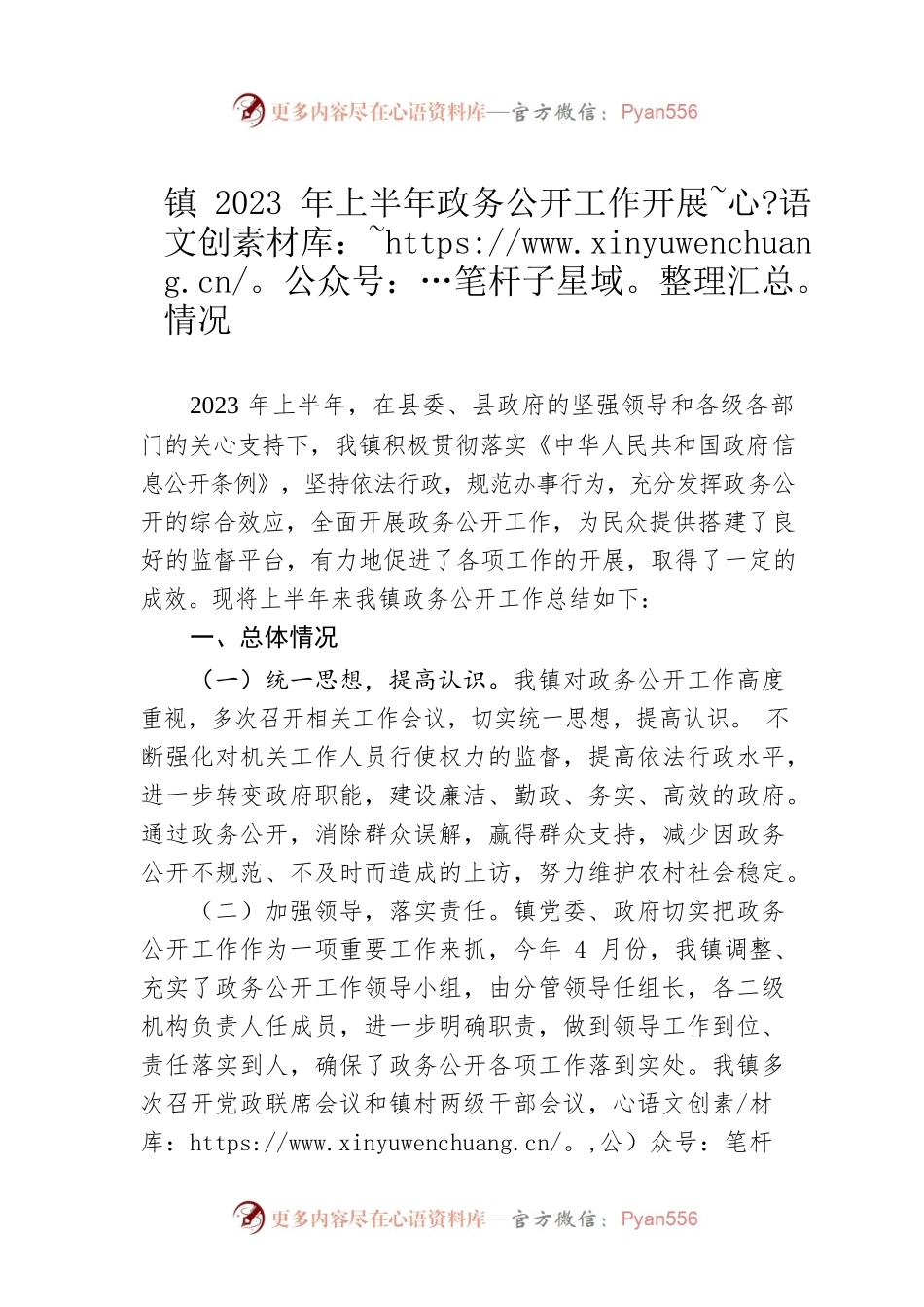 镇2023年上半年政务公开工作开展情况（20230607）.docx_第1页